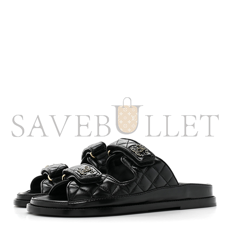 Ch*el lambskin quilted velcro dad chain cc slide sandals black g45507